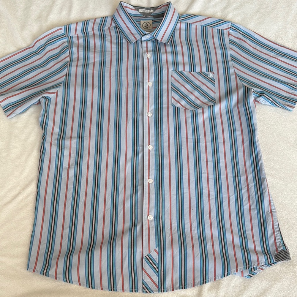 Volcom Men's Striped Blue and Red Shirt